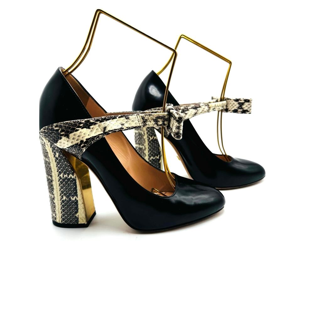 Gucci Black Leather and Neutral Snakeskin Block Heel Pumps size 37